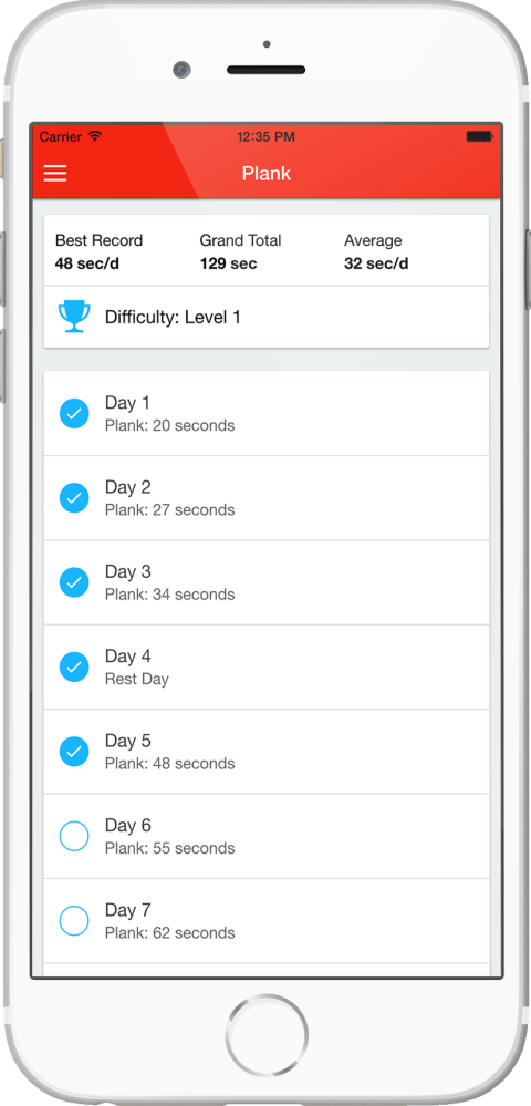 30 Day Plank Challenge App Dashboard