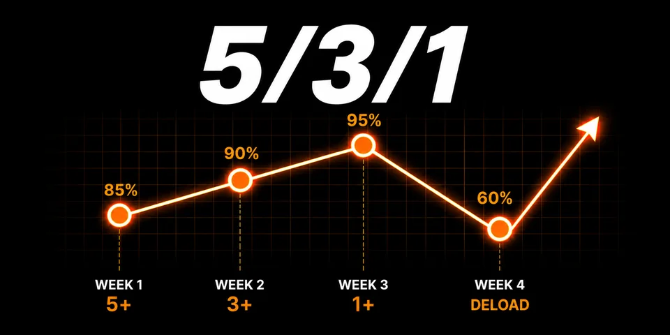 5/3/1 cycle chart: top set percentages rising 85%, 90% and 95% across weeks 1 to 3, then a 60% deload week