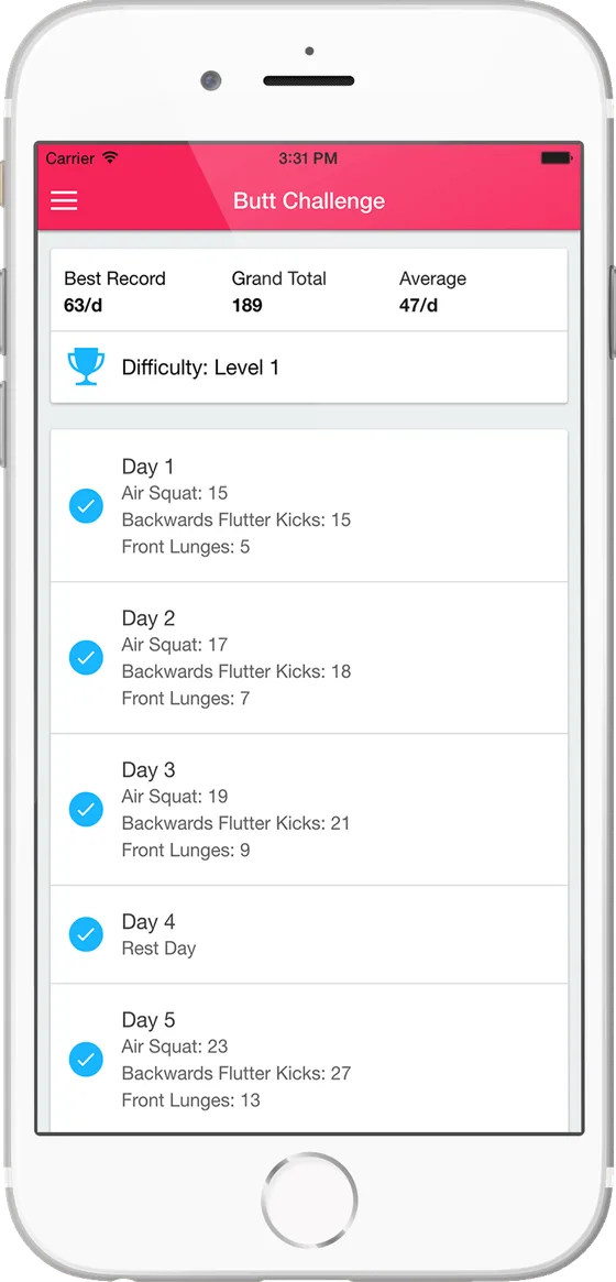 30 Day Butt Challenge App Dashboard