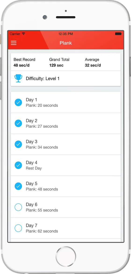30 Day Plank Challenge App Dashboard