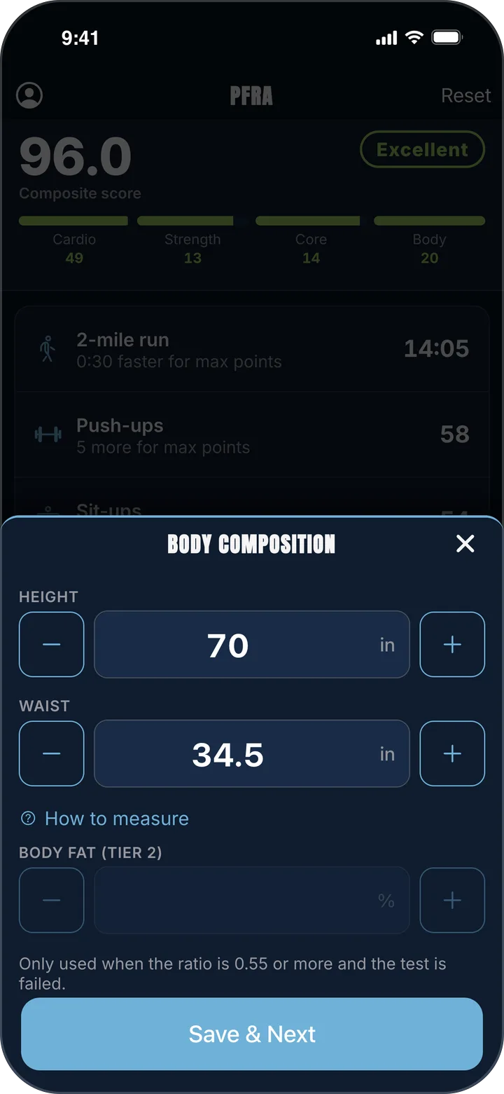 Body composition entry with a 70 inch height and a 34.5 inch waist, and a guide to measuring