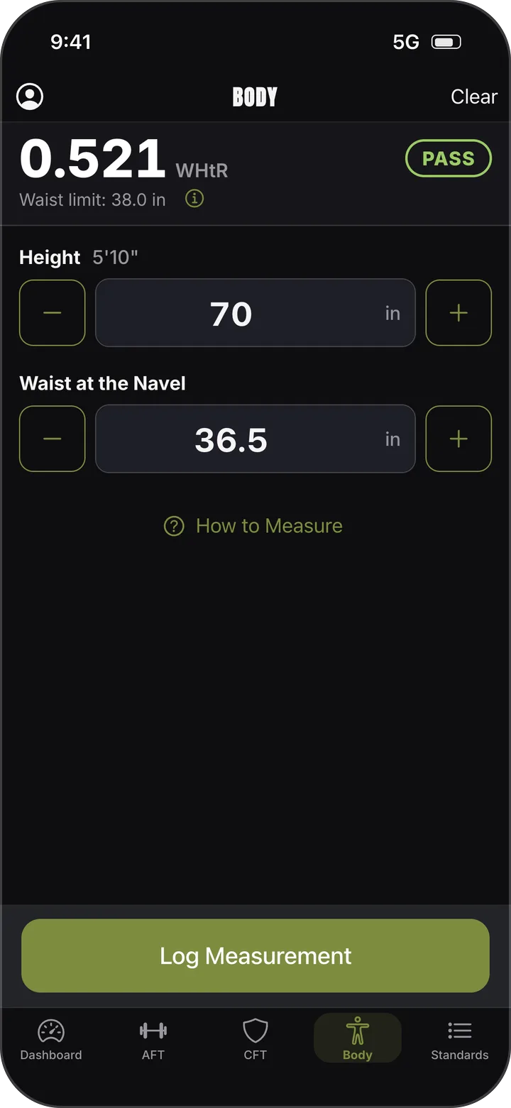 Waist-to-height ratio calculator showing 0.521 and a pass