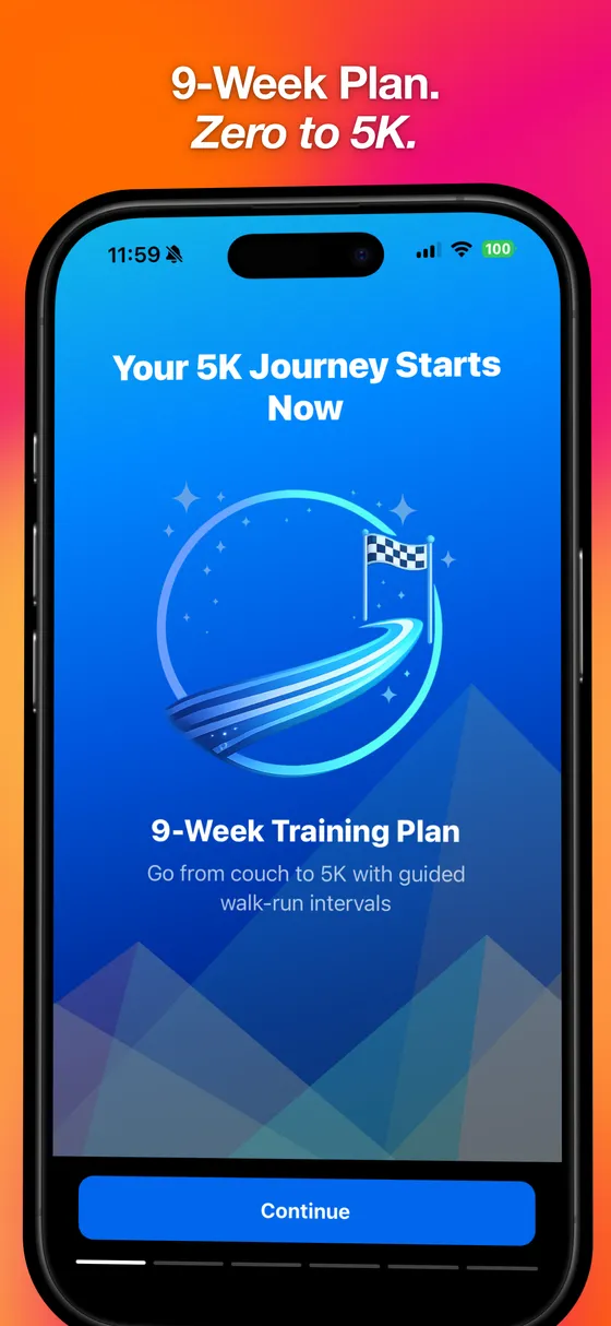 5K Run onboarding screen introducing the nine week training plan