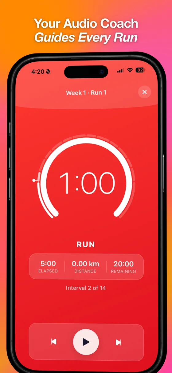 Interval timer counting down a one minute run with elapsed time and distance