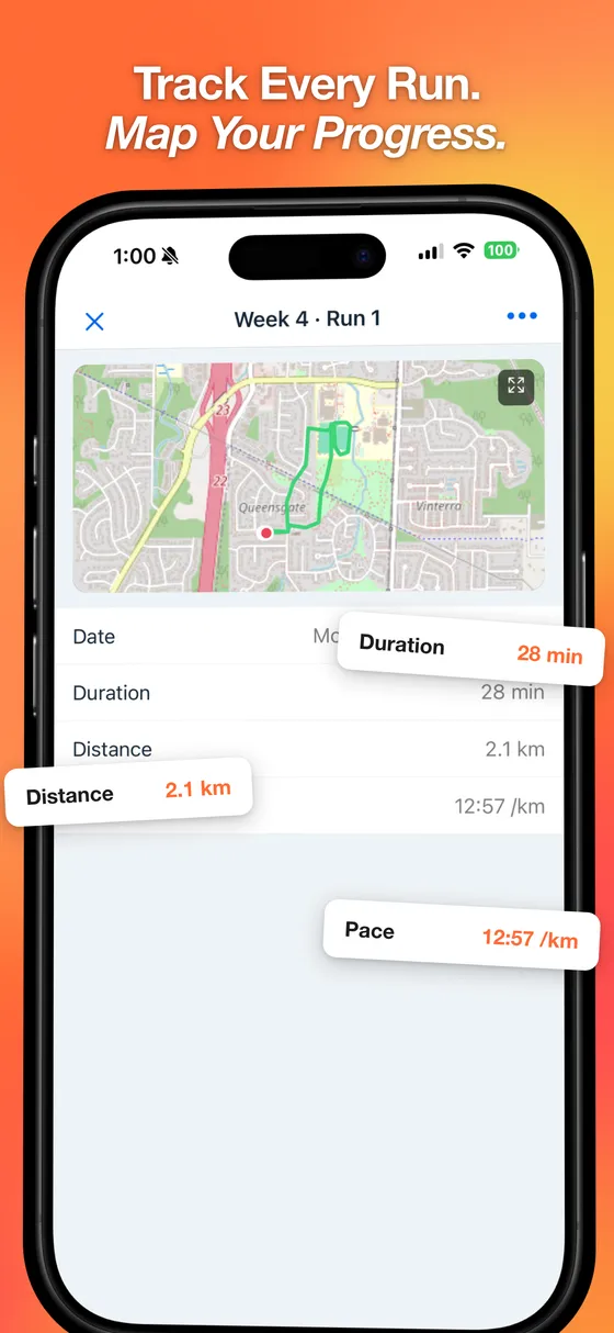 GPS route map with duration, distance, and pace for a finished run