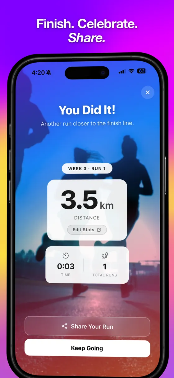 Run complete screen showing 3.5 kilometers with an option to share