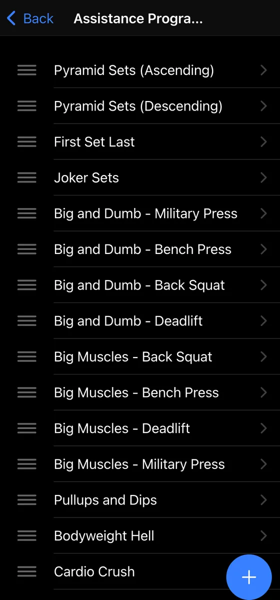 Wendler Log assistance program list with drag handles for reordering and a button to add a new program