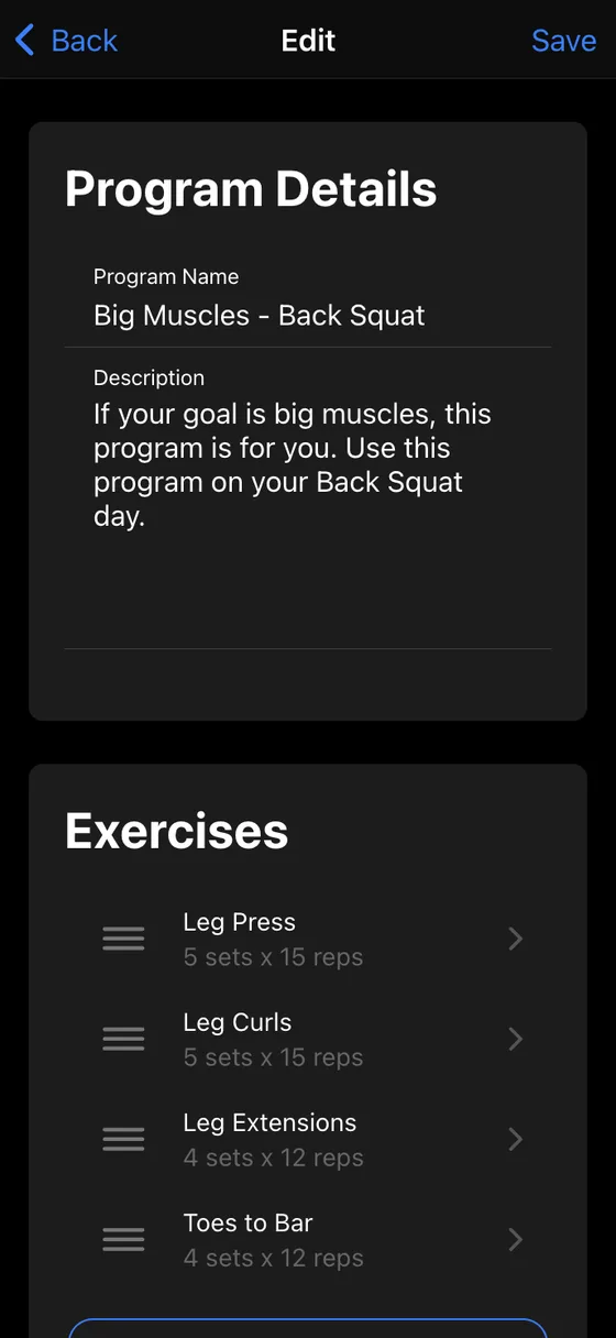 Editing the Big Muscles Back Squat assistance program: name, description and four exercises