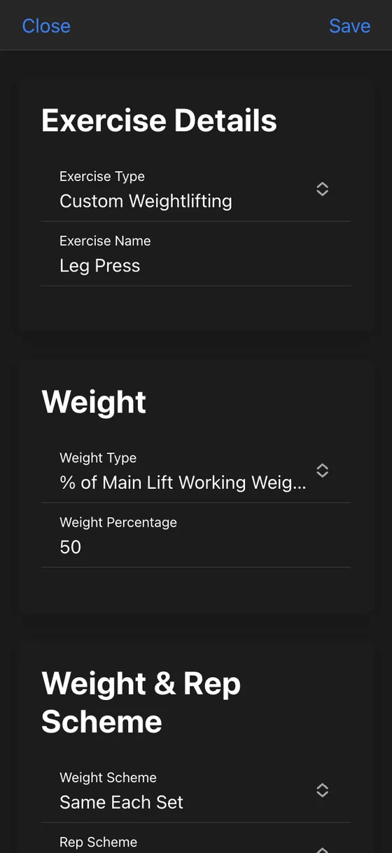 Assistance exercise setup with the weight type set to a percentage of the main lift working weight