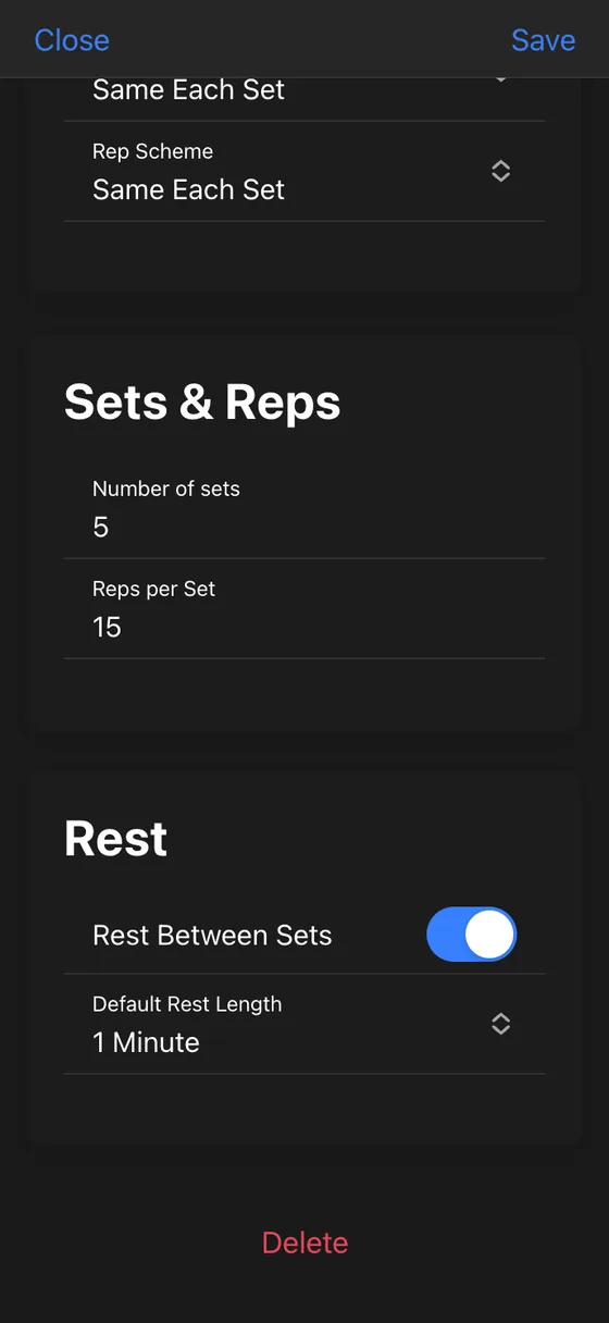 Assistance exercise sets, reps and rest timer settings with a one minute default rest length