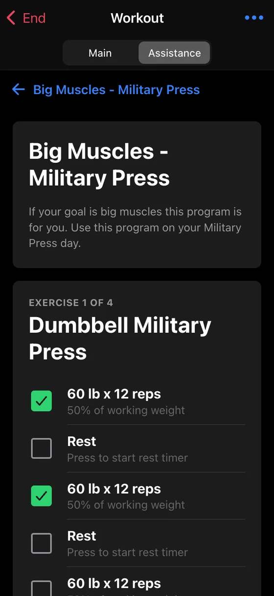 Running an assistance program during a workout, showing calculated weights and completed sets