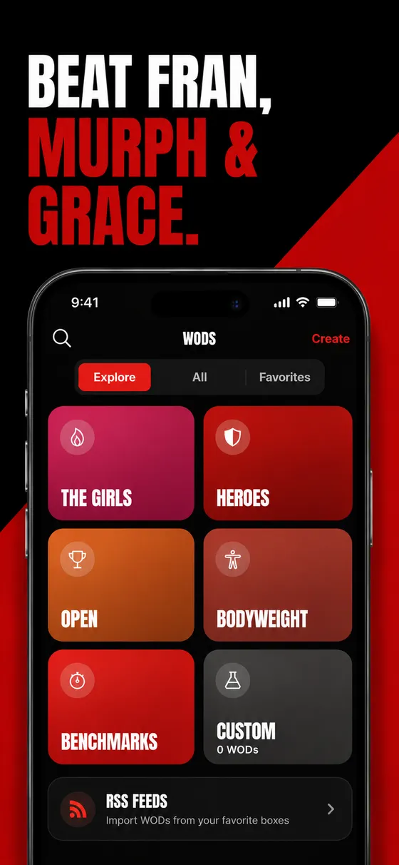 Benchmark WOD categories: the Girls, Heroes, Open, bodyweight, and custom workouts