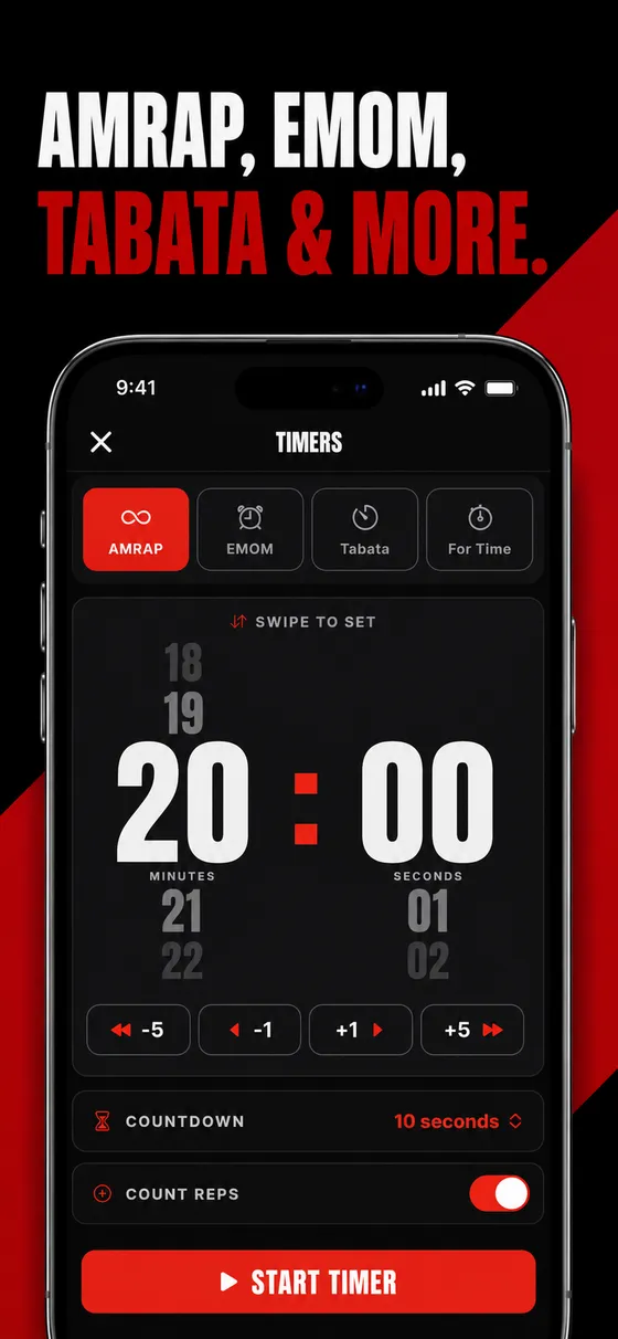 Workout timers set to AMRAP, EMOM, Tabata, or for time, with a rep counter