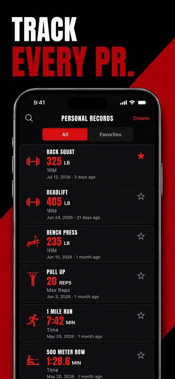 Personal record list covering back squat, deadlift, bench press, pull ups, and a mile run