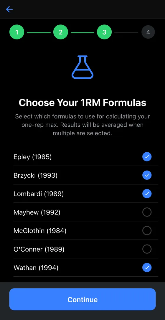 Formula picker listing Epley, Brzycki, Lombardi, Mayhew, McGlothin, O'Conner and Wathan with four selected