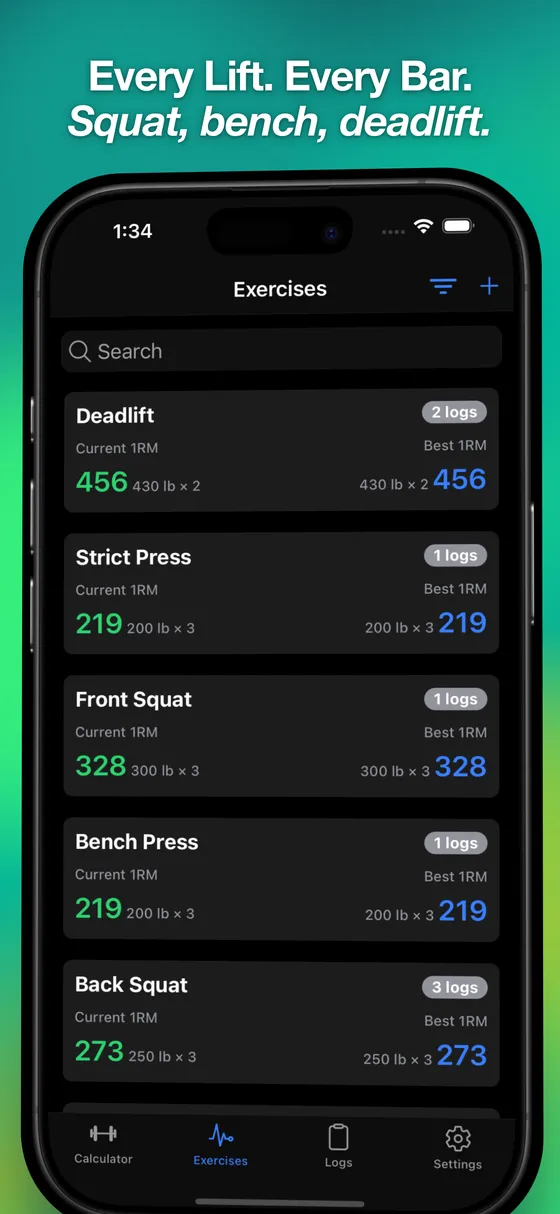 Exercise list showing current and best one rep max for the squat, bench, deadlift, and press