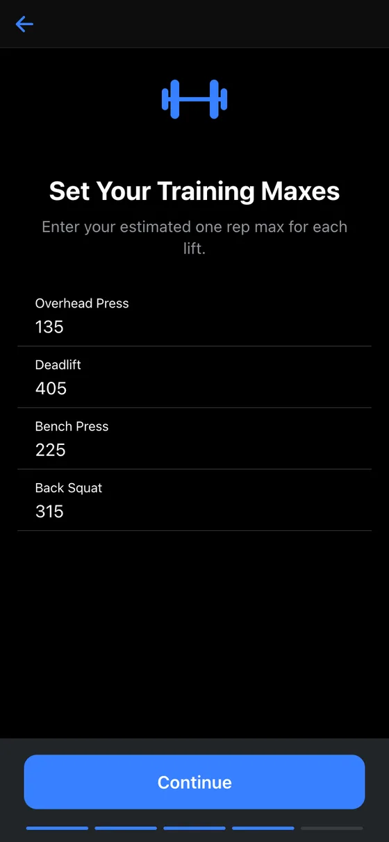 Wendler Log onboarding screen with a one rep max entered for each of the four main lifts