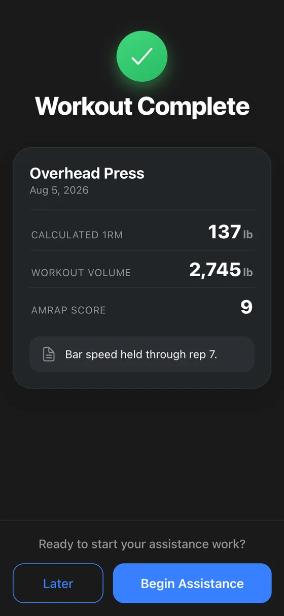 Wendler Log workout summary with a calculated one rep max of 137 lb, 2,745 lb of volume and an AMRAP score of 9